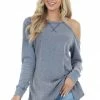 Doe & Rae Tops Dusty Blue Two Toned Long Sleeve Top With Cold Shoulder 2 Doe & Rae Tops Dusty Blue Two Toned Long Sleeve Top With Cold Shoulder