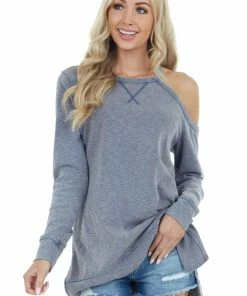 Doe & Rae Tops Dusty Blue Two Toned Long Sleeve Top With Cold Shoulder
