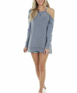 Doe & Rae Tops Dusty Blue Two Toned Long Sleeve Top With Cold Shoulder