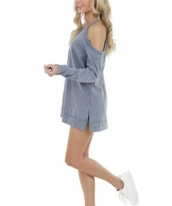 Doe & Rae Tops Dusty Blue Two Toned Long Sleeve Top With Cold Shoulder