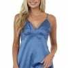 Doe & Rae Tops Dusty Blue V Neck Babydoll Satin Tank Top 2 Doe & Rae Tops Dusty Blue V Neck Babydoll Satin Tank Top