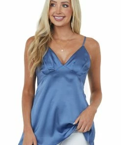 Doe & Rae Tops Dusty Blue V Neck Babydoll Satin Tank Top