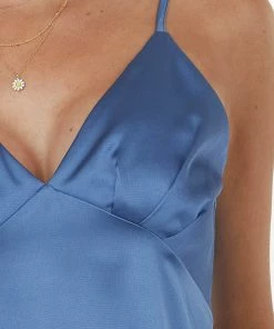 Doe & Rae Tops Dusty Blue V Neck Babydoll Satin Tank Top