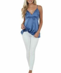 Doe & Rae Tops Dusty Blue V Neck Babydoll Satin Tank Top