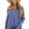 BucketList Tops Dusty Blue Waffle Knit Long Sleeve Top With Thumb Holes