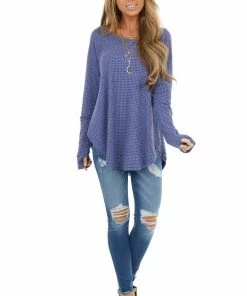 BucketList Tops Dusty Blue Waffle Knit Long Sleeve Top With Thumb Holes