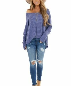 BucketList Tops Dusty Blue Waffle Knit Long Sleeve Top With Thumb Holes