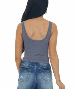 By Together Dusty Blue Washed Scoop Neck Ribbed Knit Brami