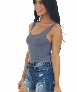 By Together Dusty Blue Washed Scoop Neck Ribbed Knit Brami