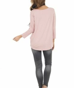 Cherish Dusty Blush 3/4 Sleeve Top With Caged Neckline Detail