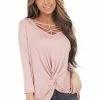 Cherish Dusty Blush 3/4 Sleeve Top With Caged Neckline Detail