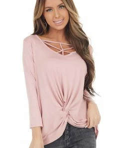 Cherish Dusty Blush 3/4 Sleeve Top With Caged Neckline Detail