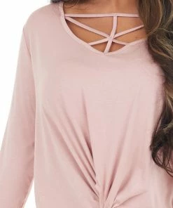 Cherish Dusty Blush 3/4 Sleeve Top With Caged Neckline Detail