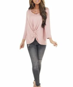 Cherish Dusty Blush 3/4 Sleeve Top With Caged Neckline Detail
