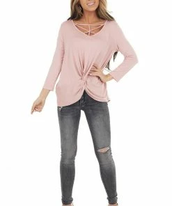 Cherish Dusty Blush 3/4 Sleeve Top With Caged Neckline Detail