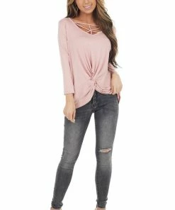 Cherish Dusty Blush 3/4 Sleeve Top With Caged Neckline Detail