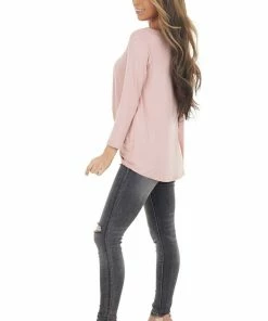 Cherish Dusty Blush 3/4 Sleeve Top With Caged Neckline Detail
