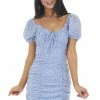 Lush Clothing Dusty Blue And Eggshell Ditsy Floral Print Mini Ruched Dress Dresses