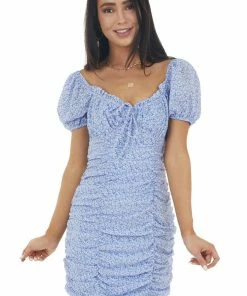 Lush Clothing Dusty Blue And Eggshell Ditsy Floral Print Mini Ruched Dress Dresses