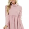 Haptics Dusty Blush Babydoll Ribbed Turtleneck Top With Long Sleeves