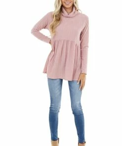 Haptics Dusty Blush Babydoll Ribbed Turtleneck Top With Long Sleeves