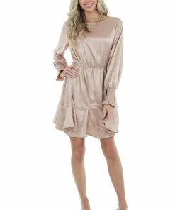 She + Sky Dresses Dusty Blush Cheetah Print Long Sleeve Mini Dress With Pleats