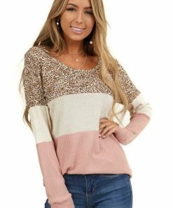 7th Ray Dusty Blush Colorblock Waffle Knit Top With Long Sleeves Tops