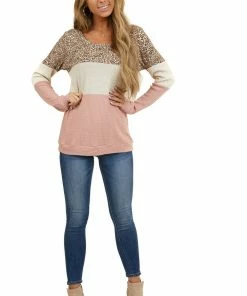7th Ray Dusty Blush Colorblock Waffle Knit Top With Long Sleeves Tops