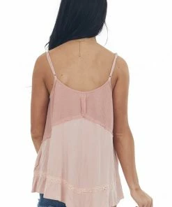 POL Clothing Tops Dusty Blush Crochet Lace Contrast Knit Tank