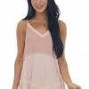 POL Clothing Tops Dusty Blush Crochet Lace Contrast Knit Tank