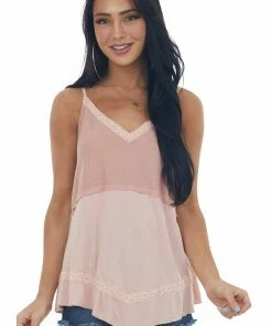 POL Clothing Tops Dusty Blush Crochet Lace Contrast Knit Tank
