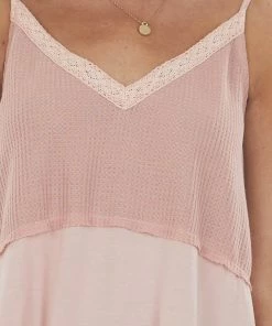 POL Clothing Tops Dusty Blush Crochet Lace Contrast Knit Tank