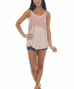POL Clothing Tops Dusty Blush Crochet Lace Contrast Knit Tank