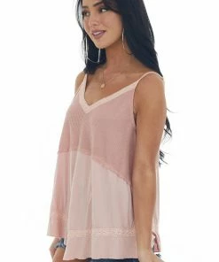 POL Clothing Tops Dusty Blush Crochet Lace Contrast Knit Tank