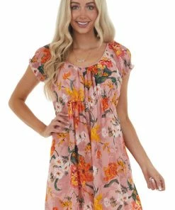 Umgee Dusty Blush Floral Print Woven Babydoll Dress Dresses