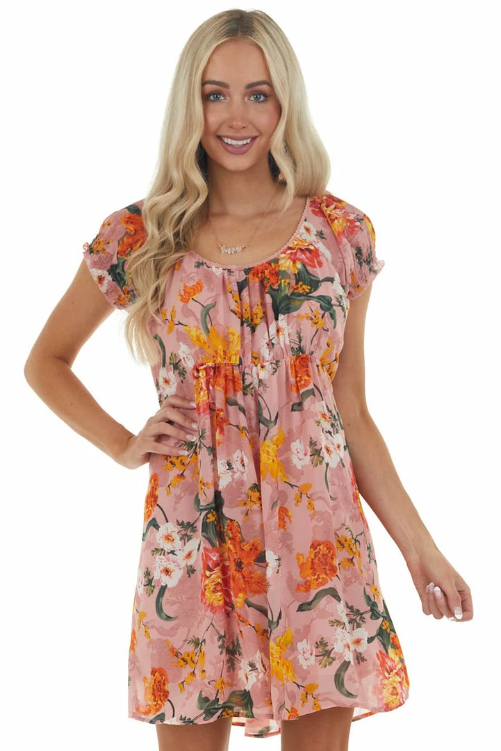 Umgee Dusty Blush Floral Print Woven Babydoll Dress Dresses 3 Umgee Dusty Blush Floral Print Woven Babydoll Dress Dresses