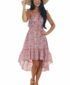 Umgee Dusty Blush Floral Sleeveless High Low Dress