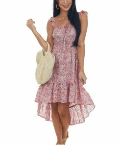 Umgee Dusty Blush Floral Sleeveless High Low Dress