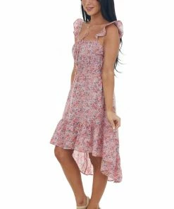 Umgee Dusty Blush Floral Sleeveless High Low Dress