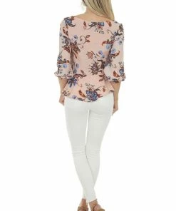 ANGIE Dusty Blush Floral Smocked Long Sleeve Blouse