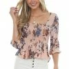 ANGIE Dusty Blush Floral Smocked Long Sleeve Blouse