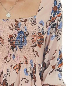 ANGIE Dusty Blush Floral Smocked Long Sleeve Blouse