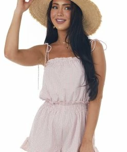 HYFVE Dusty Blush Gingham Sleeveless Woven Romper