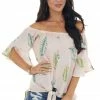 CY Fashion Tops Dusty Blush Leaf Print Off Shoulder Blouse With Front Tie 2 CY Fashion Tops Dusty Blush Leaf Print Off Shoulder Blouse With Front Tie