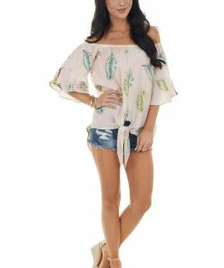 CY Fashion Tops Dusty Blush Leaf Print Off Shoulder Blouse With Front Tie