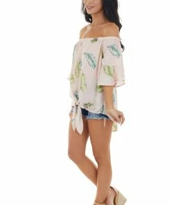 CY Fashion Tops Dusty Blush Leaf Print Off Shoulder Blouse With Front Tie
