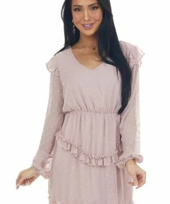 143 Story Dresses Dusty Blush Long Sleeve Ruffle Swiss Dot Dress