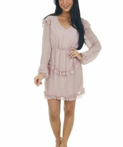 143 Story Dresses Dusty Blush Long Sleeve Ruffle Swiss Dot Dress