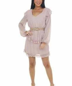 143 Story Dresses Dusty Blush Long Sleeve Ruffle Swiss Dot Dress