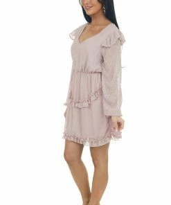 143 Story Dresses Dusty Blush Long Sleeve Ruffle Swiss Dot Dress